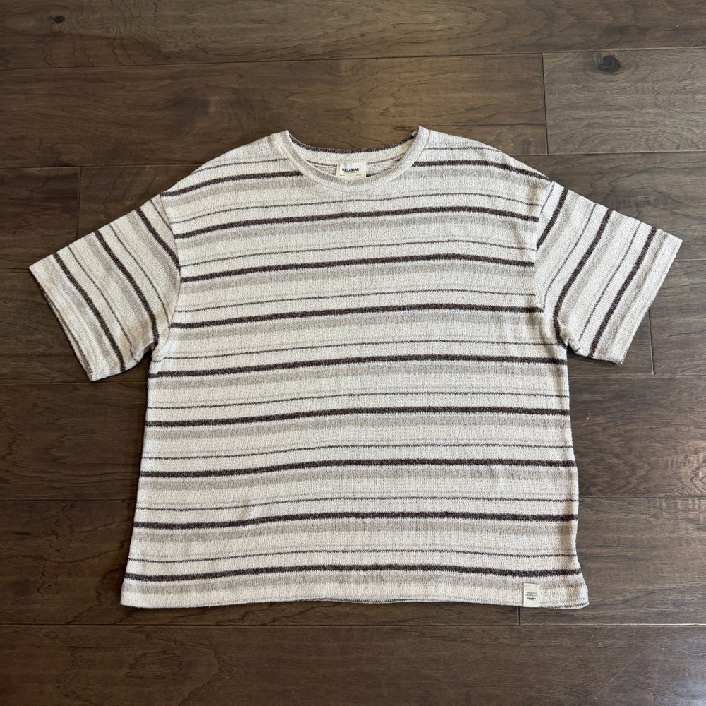 Pull&Bear Mens XL Striped Knit Short‎ Sleeve Sweater Earth Tone Cream Brown Tee